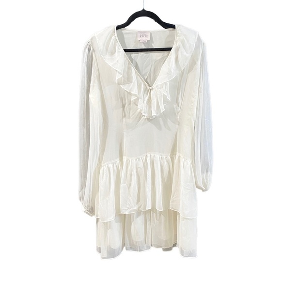 Marchesa Rose White Ivory Chiffon Long Sleeve Ruffle Dress Large - Picture 2 of 5